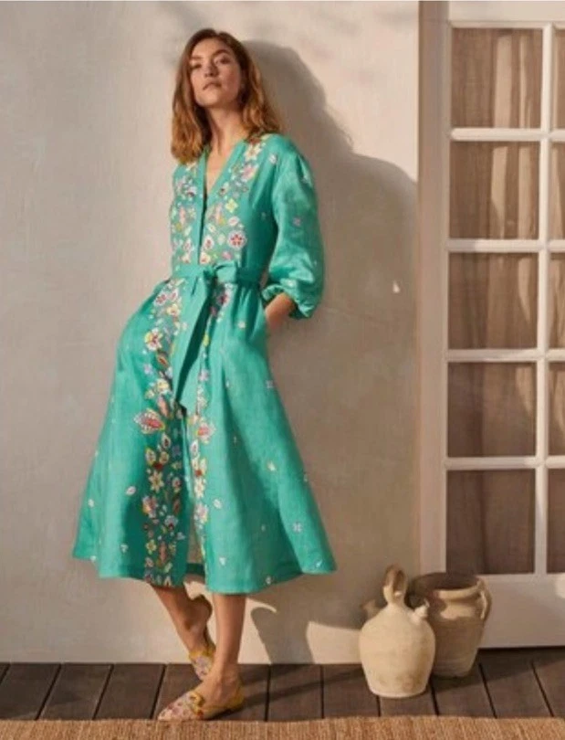BODEN ADDIE GREEN 100% LINEN FLORAL BELTED MIDI SHIRT DRESS- SIZE 16/18R - Image 1 of 4