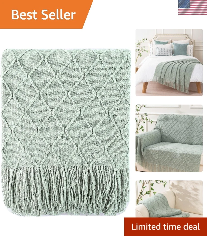 BATTILO HOME Modern Christmas Decor Sage Green Throw Blanket with Fringe Geom...