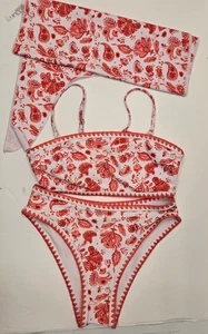 3-teiliges Bikini Set/rot Blumenmuster/gepolstert/Stickeinfassung/Wickelrock/Größe S - Bild 1 von 12