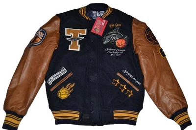 正品 TOP GUN SHARK VARSITY 男式夹克海军蓝棕色全新带标签 — 第 1/4 张图片