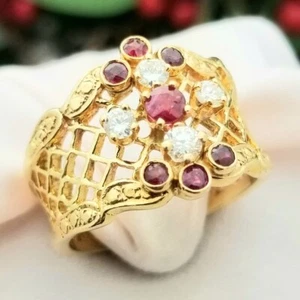 14K Yellow Gold Ruby and Diamond Statement Ring-Earth Mined-0.42tcw-Vintage, 8 - Picture 1 of 9
