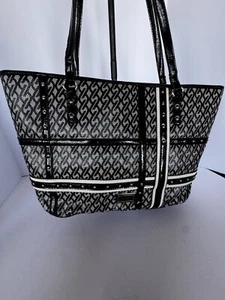 NINE WEST LARGE SIZE TOTE, BLACK, WHITE & GRAY, COATED CANVAS & PATENT LEATHER++ - Picture 1 of 16