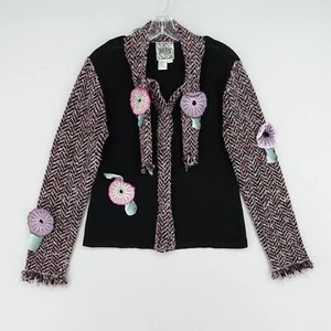 Vintage CURIO Womens Sweater Size Medium Black Purple Floral Boho Wool Blend - Picture 1 of 13