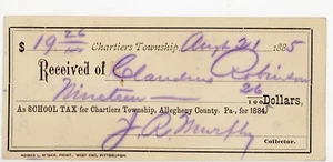 1885 Chartiers Township PA School Tax Receipt Allegheny Co Signed J.R. Murphy - Picture 1 of 2
