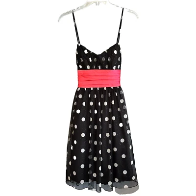 City Triangles Size 5 Mini Dress Black White Polka Dot Red Satin Tie Waist - Image 1 of 4