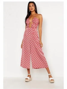 Boohoo Rose Polka Dot Rouched Panelled Halterneck Culotte Jumpsuit Size 14 - Picture 1 of 4