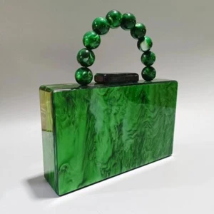 Vintage Style LIUZH Green Marbled Acrylic Convertible Clutch Handbag Gold Chain - Picture 1 of 22
