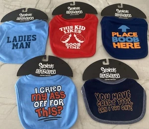 5 SPENCER'S BABY BIBS "PLACE BOOB HERE" "THIS KIDS LIKES BOOB TIME" LADIES MAN" - Picture 1 of 6