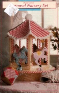 VINTAGE ANNIE'S ATTIC 1990 PLASTIC CANVAS CAROUSEL NURSERY SET - Picture 1 of 2