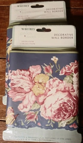 New decorative wall border wallpaper 3 packs Waverly Garden pink roses on blue Cover