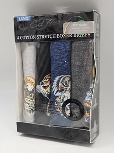 ED HARDY Men's Large 4 Pack Cotton Stretch Boxer Briefs Black Charcoal Gray Navy - Picture 1 of 5