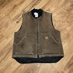 Carhartt Brown Duck Canvas Quilt Lined Vest Mens Size Large V02 DKB Distressed - Picture 1 of 11
