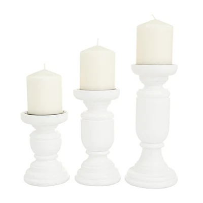 Candelabro Pilar Estilo Torneado Madera Mango, Juego de 3 10", 8", 6"H, Blanco Foto 1 de 4