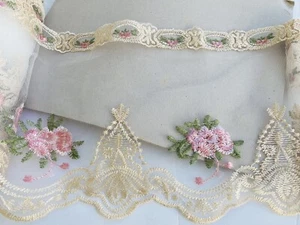 Beige & Light Pink Floral Embroidered Border Trim/Sewing/Crafts/Bridal/8" Wide  - Picture 1 of 12