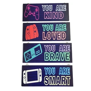 Set Of 4 Videogame Themed Neon Colored Motivational Word Art Wooden Signs Gamer - Picture 1 of 13
