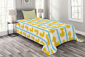 Rubber Duck Quilted Bedspread & Pillow Shams Set, Baby Blue Stripes Print