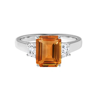 925 Sterling Silver 7x5MM Radiant Cut Citrine Three Stone Ring For Women - Image 1 of 4