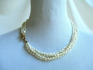 Vintage 5 Strand Seed Pearls Gold Tone Red Eyes Dragon Clasp 19" Hong Kong - Picture 1 of 7