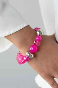 Pulsera elástica con cuentas plateadas y rosas Paparazzi "Ice-Breaker" - Imagen 1 de 2