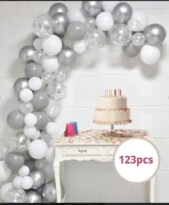 123 pcs Silver,Silver Confetti, White Balloon Garland Arch Kit-Latex Balloon Kit - Picture 1 of 1