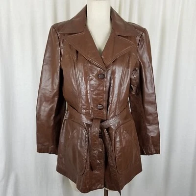 Vintage Sears Western OutdoorWear Faux Fur Leather Peacoat Trench Coat Womens 16 - Image 1 of 4