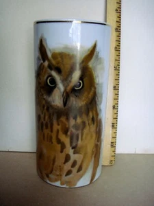 OWLS! Tall vase w/LONG EARED OWL Woodland Haven, ENESCO, ceramic, gold rim, 8" - Picture 1 of 8