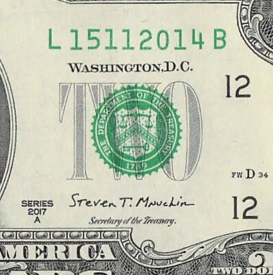 NOV 15 2014 Birthday Note Fancy Serial Number Two Dollar Bill - Image 1 of 4