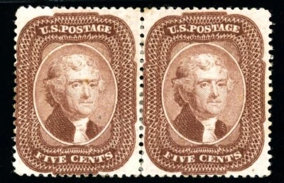 Scott 29 OG MH FVF US 1859 Jefferson Scarce Pair +Cert SCV $12,000+ - Image 1 of 3