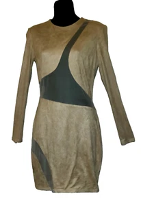 Va Va Voom Dress BODYCON Beige See-thru Mesh Panels Faux Suede Sexy Vintage M - Picture 1 of 15