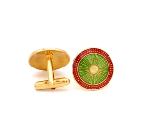 Handcrafted Men's Accessories- Red Green Enamel Sterling Silver Round Cufflinks - Picture 1 of 5