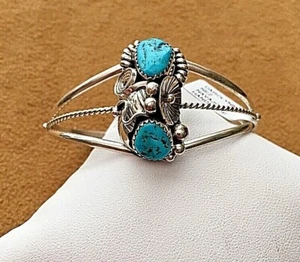 Sterling Silver .925 Kingman Turquoise Navajo Cuff Bracelet Signed Carolyn Nez - Picture 1 of 11