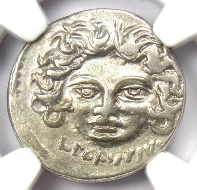 L. Plautius Plancus AR Denarius Medusa Coin 47 BC - NGC XF (EF) - 5/5 Surfaces! - Image 1 of 4