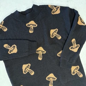No Boundaries Womens Sweater Size L 11-13 Black Brown Mushrooms Pullover Soft - Picture 1 of 11