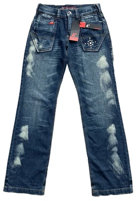 Pantalones de mezclilla desgastados con retazos para hombre 28 lavados vintage diseño único bolsillos con solapa Foto 1 de 4