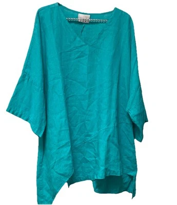 Top túnica asimétrica LA FIXSUN 100 % lino turquesa cuello en V L Foto 1 de 4