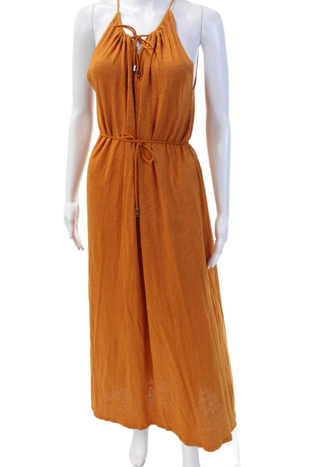Maxi vestido sin mangas Ninety Percent para mujer naranja lino cordón talla S Foto 1 de 4