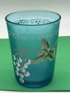 Ancien gobelet en verre bleu victorien peint main floral émaillé signé - Photo 1/7