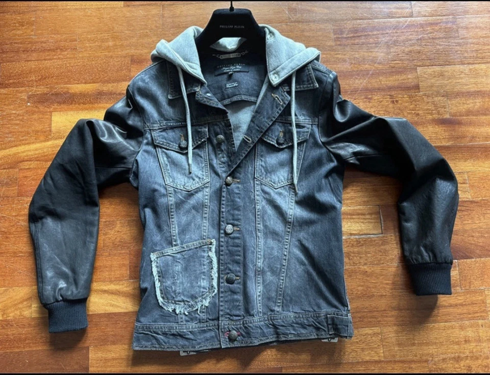 PHILIPP PLEIN Air Force Plein Denim Hoodie Leather Jacket S – Limited Edition – Foto 1 de 4