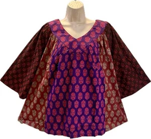 Sacred Threads Hippie Boho Festival Patchwork V Neck Smock Top 224205 L/XL B - Picture 1 of 7