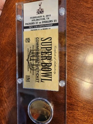 Moneda y boleto conmemorativo Steelers Packers Roethlisberger Rodgers. No es automático Foto 1 de 3