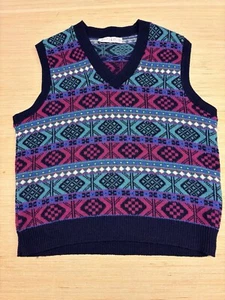 VTG 80s Jantzen Wool V Neck Sweater Vest Geometric Multicolor Men's XL Made USA - Picture 1 of 11