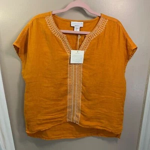 NWT Boho House of Harlow 1960 Orange Embroidered Linen Top Sz M - Picture 1 of 8