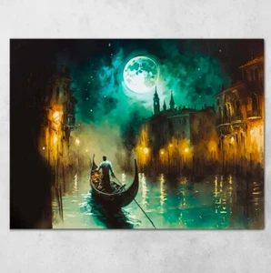 Art Canvas Gondolier on Moonlit Venitian Canal Canvas Wall Art 16 x 24in - Picture 1 of 2