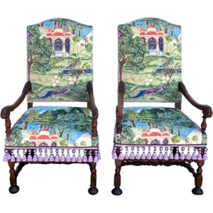 Pair 18th Cent Antique French Louis XIV Zoffany Fabric Walnut Armchairs Chairs 2 - Picture 1 of 7