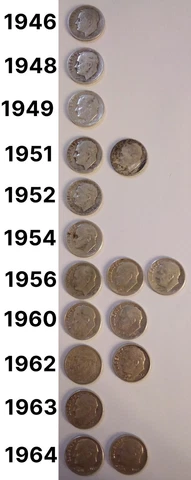 1946 to 1964 Roosevelt Silver Dimes, Lot of 17, 90% Silver Cover