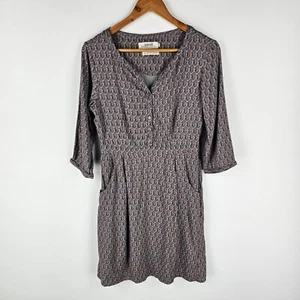 Seasalt Dress Womens 10 Grey Red Leaf Print Button Up 3/4 Sleeve Pockets Lined - Picture 1 of 8
