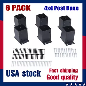 6 Pack 4x4 Post Base Brackets Heavy Duty Wood Post Fence Post Anchor Black Steel - Picture 1 of 22