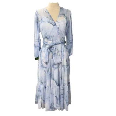 NWOT Calvin Klein Faux Wrap Midi Dress 6 Blue Watercolor Marble Feminine Tiers - Image 1 of 4