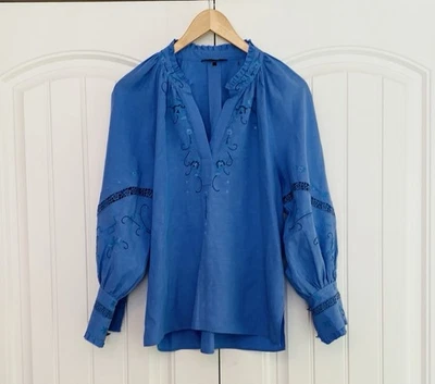 Kobi Halperin Women's Blue Balloon Sleeve V Neck Blouse Size Small Tencel Linen - Image 1 of 4