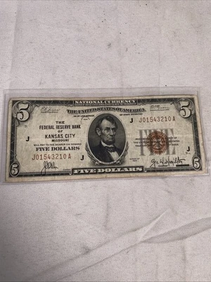 1929 $5 Federal Reserve Bank Note Five Dollar Kansas City Missouri - Image 1 of 4